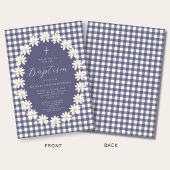 Moderne Navy Blau Gingham Blumen Taufkleid Einladung