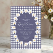 Moderne Navy Blau Gingham Blumen Taufkleid Einladung
