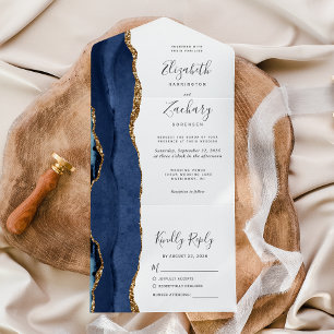 Moderne Navy-Blau-Gold-Achat-Hochzeit All In One Einladung