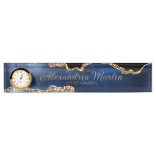Moderne Navy-Blau-Gold-Glitter-Schriftart-Uhr Namensplakette