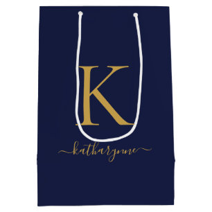 Moderne Navy Blau Gold Monogramm Name Mittlere Geschenktüte
