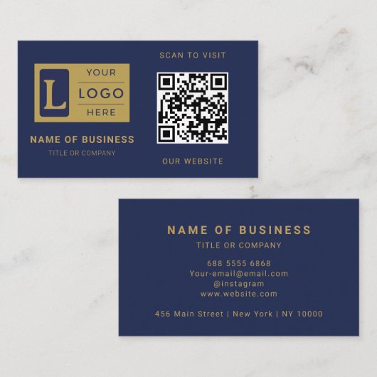 Moderne Navy Blau Gold QR-Code Benutzerdefiniertes Visitenkarte (Vorne/Hinten)