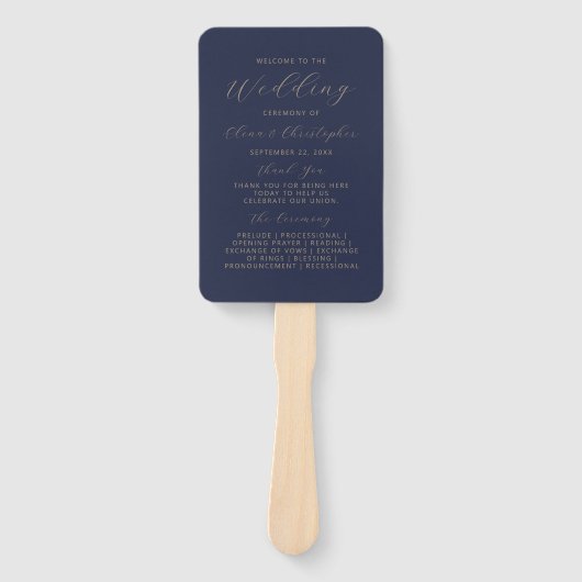Moderne Navy-Blau-Gold-Schrift Hochzeitsprogramm Fächer (Vorderseite)