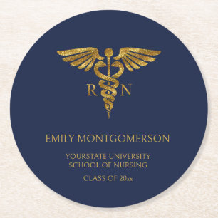 Moderne Navy-Blau-Gold-Schwesternschule RN-Abschlu Runder Pappuntersetzer