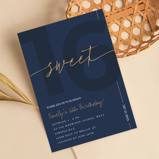 Moderne Navy Blau & Gold Sweet 16. Geburtstag Einladung