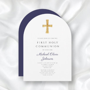 Moderne Navy Blau Kreuz Junge Erste Kommunion Boge Einladung