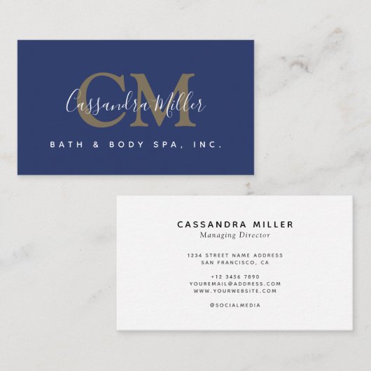 Moderne Navy Blau Monogramm Name Professional Visitenkarte (Vorne/Hinten)