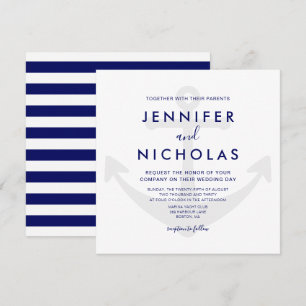 Moderne Navy Blau Nautische Anker Hochzeit Einladung