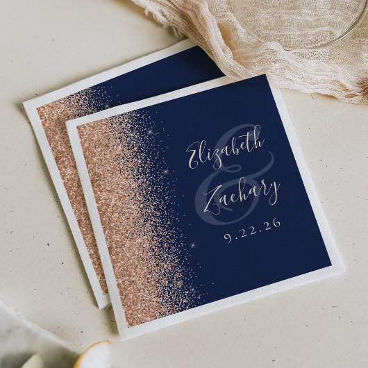 Moderne Navy-Blau-Pfirsich-Glitter-Hochzeit Serviette