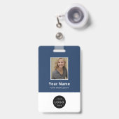 Moderne Navy-Blau-QR-Code-Mitarbeiter-ID-Barcode Ausweis (Vorderseite mit Ausziehbar)