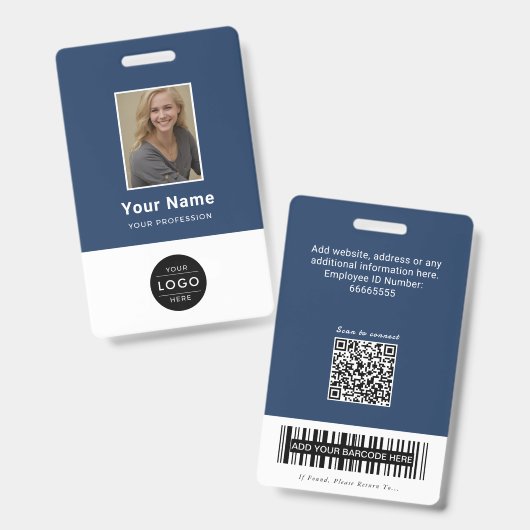 Moderne Navy-Blau-QR-Code-Mitarbeiter-ID-Barcode Ausweis (Vorder- & Rückseite)