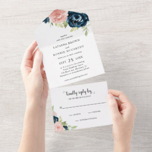 Moderne Navy-Blau-Rosa-Blumen-Elegante Hochzeit All In One Einladung
