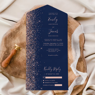 Moderne Navy-Blau-Roségold-Glitter-Hochzeit All In One Einladung