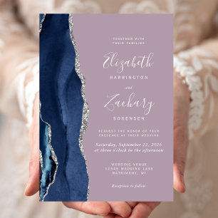 Moderne Navy-Blau-Silber-Achat-Mauve-Hochzeit Einladung