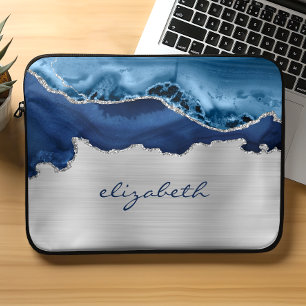 Moderne Navy Blau Silber Achat Metallisch Laptopschutzhülle