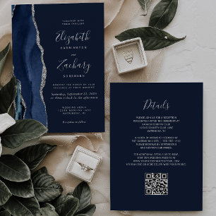 Moderne Navy-Blau-Silber-Achat-QR-Code-Hochzeit Einladung