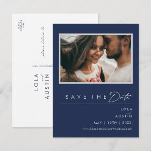 Moderne Navy-Blau-Silber-Foto-Save-the-Date-Karte Einladungspostkarte