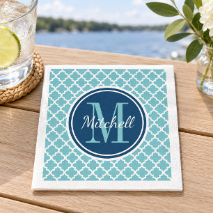 Moderne Navy-Blau und Aqua-Vierblatt-Monogramm Serviette