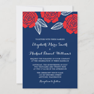 Moderne Navy-Blau und Rote Rosen Hochzeits Einladu Einladung