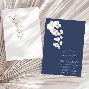 Moderne Navy-Blau Weiße Orchideen Blumenhochzeit Einladung
