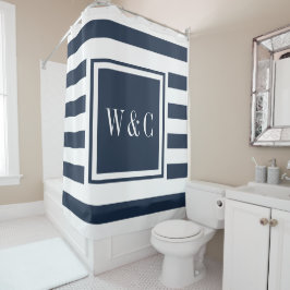 Moderne Navy Blau Weiße Streifen Trend Monogramm Duschvorhang
