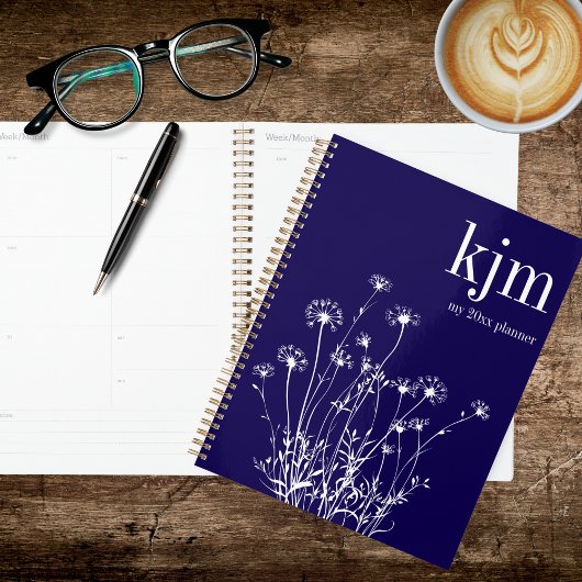 Moderne Navy Blau & Weiße Wildblumen Planer