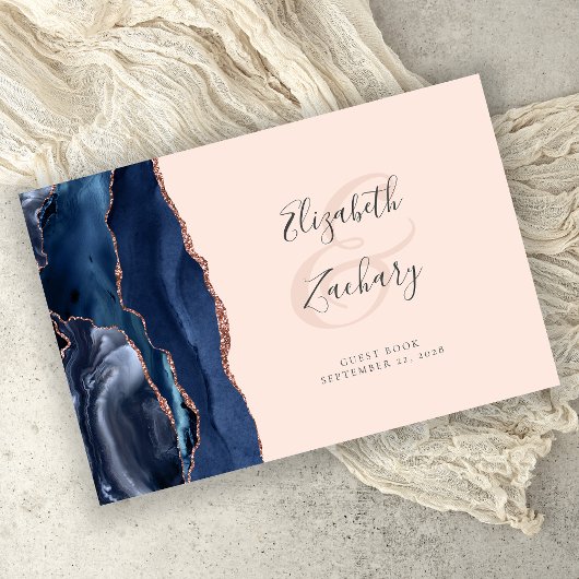 Moderne Navy Blue Agate Rosen Gold Script Blush Pi Gästebuch