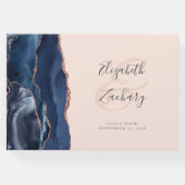 Moderne Navy Blue Agate Rosen Gold Script Blush Pi Gästebuch (Vorderseite)