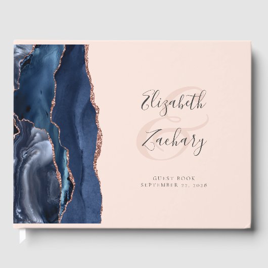 Moderne Navy Blue Agate Rosen Gold Script Blush Pi Gästebuch (Vorderseite)