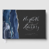 Moderne Navy Blue Agate Silver Script dunkel Gästebuch (Vorderseite)