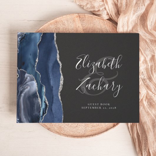 Moderne Navy Blue Agate Silver Script dunkel Gästebuch