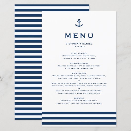 Moderne Navy Blue Anchor Nautical Wedding Menu Car (Vorne/Hinten)