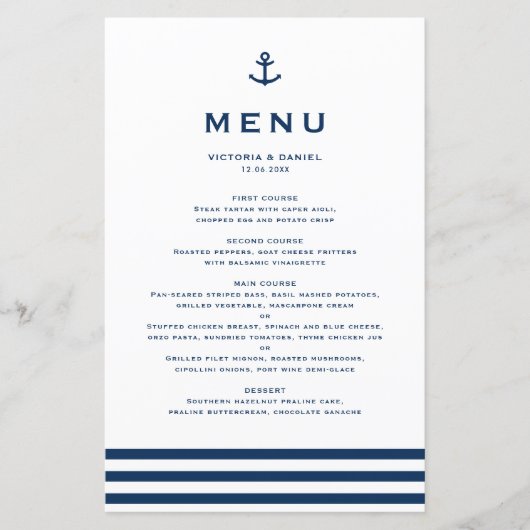 Moderne Navy Blue Anchor Nautical Wedding Menu Car (Vorderseite)