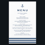 Moderne Navy Blue Anchor Nautical Wedding Menu Car<br><div class="desc">Moderne und klassische Speisekarte,  die sich perfekt für Hochzeiten zum Thema Wassersport und andere Veranstaltungen eignet. Es bietet eine marineblau Ankerillustrierung,  klassische Typografie und Streifen Muster. Die Texte sind vollständig editierbar. Personalisieren Sie diese durch Hinzufügen von Namen,  Datum,  Uhrzeit und anderen Menüdetails.</div>