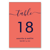 Moderne Navy Blue and Coral Tischnummer Card (Rückseite)