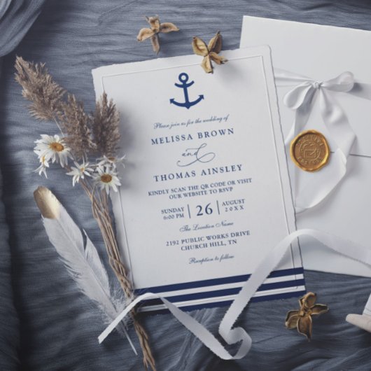 Moderne Navy-Blue-Anker-nautische QR-Code-Hochzeit Einladung