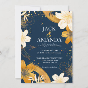 Moderne Navy Blue Blume Chic Hochzeitseinladung Einladung