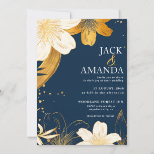 Moderne Navy Blue Blume Chic Hochzeitseinladung Einladung