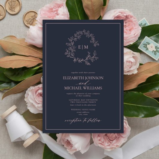 Moderne Navy Blue Blush Pink Monogram Wedding Einladung