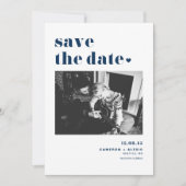 Moderne Navy Blue Bold Typografie mit Herz-Foto Save The Date (Vorderseite)