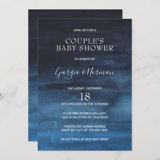 Moderne Navy Blue Boy Couples Kinderdusche Einladung (Vorne/Hinten)