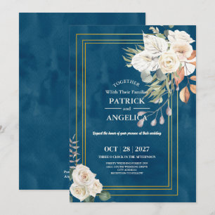 Moderne Navy Blue Burgundy Gold Blush Pink Wedding Einladung