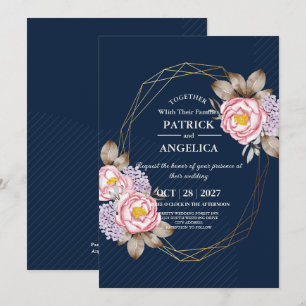 Moderne Navy Blue Burgundy Gold Blush Pink Wedding Einladung