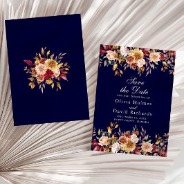 Moderne Navy Blue Burnt Orange Wildblumen Hochzeit Save The Date
