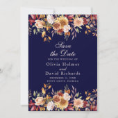 Moderne Navy Blue Burnt Orange Wildblumen Hochzeit Save The Date (Vorderseite)