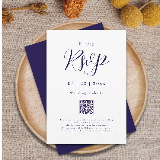 Moderne Navy Blue Elegante Script Hochzeitsdetails RSVP Karte