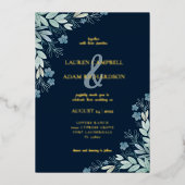 Moderne Navy Blue Foliage Gold Calligraphy Folieneinladung (Vorderseite)