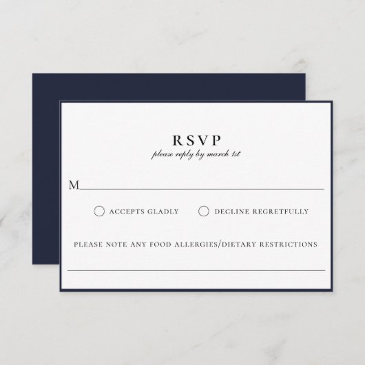 Moderne Navy Blue Food Allergie RSVP Card (Vorne/Hinten)