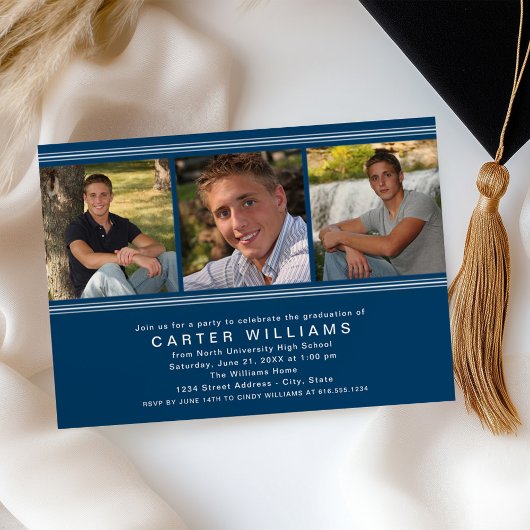 Moderne Navy Blue Foto Collage Graduation Party Einladung