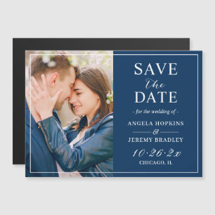 Moderne Navy Blue Foto Frame speichern das Date Ma Magnetkarte